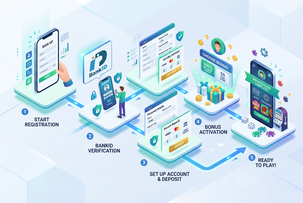 Infografika registračního procesu v online kasinu přes BankID