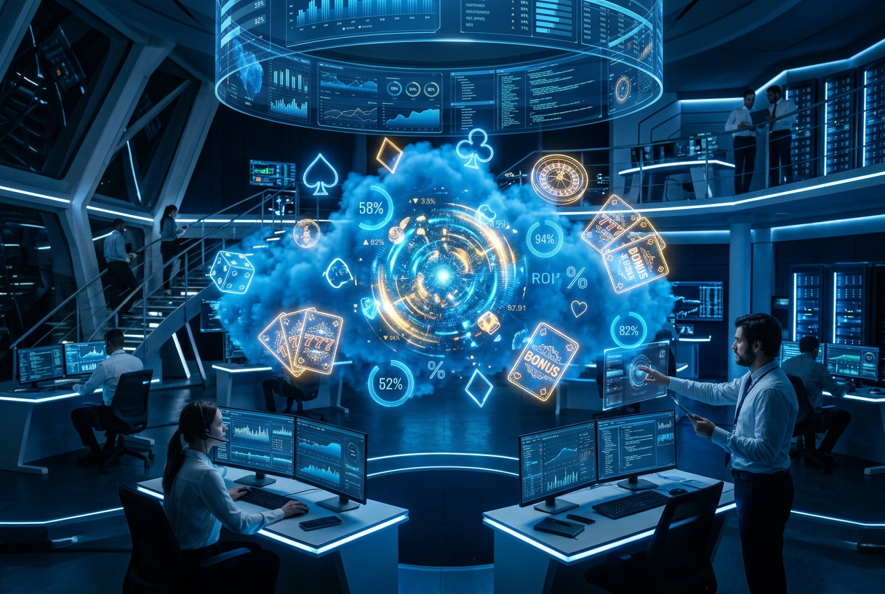 Ilustrace datové analýzy kasinových bonusů v cloudu s futuristickými symboly
