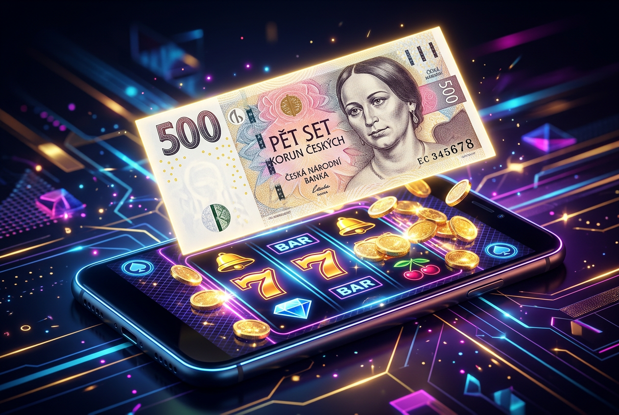Moderní digitální ilustrace bankovky 500 Kč vznášející se nad obrazovkou smartphonu s neonovými herními symboly